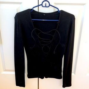 Black Ribbed Short with Pinging Deep V Neck with Tie String